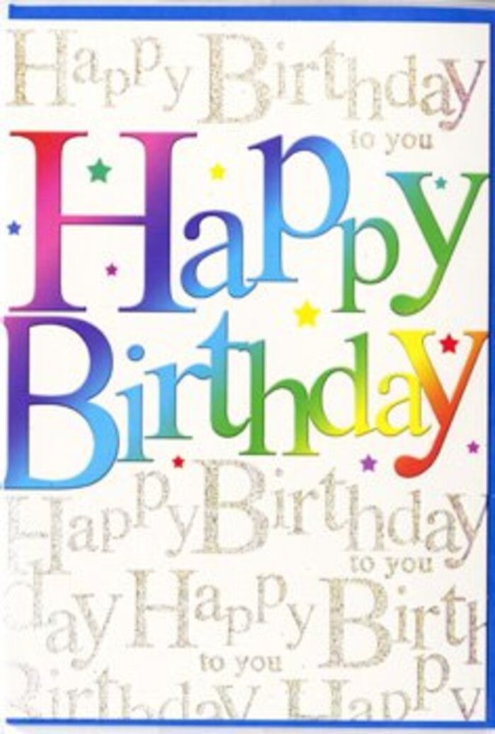 The birthday card in this image feels like the visual equivalent of a cheerful chorus, the kind you might share alongside a hand-tied bouquet being delivered across Ilford. Dominating the front is the phrase Happy Birthday, written in generously curved, uppercase letters that march confidently across the card. Each letter is filled with a gentle rainbow gradient, shifting seamlessly from rich magenta into coral, bright golden yellow, fresh meadow green, then through turquoise and deep blue, as if the colours were sampled from party decorations in a well-loved local café off Cranbrook Road. The transitions between hues are soft and fluid, giving the impression of light moving across the text rather than sharp blocks of colour. Beneath and behind these vibrant letters, the background is a wash of pale, creamy white, layered with repeated lines of Happy Birthday to you in a refined, looping script. This script is rendered in a delicate metallic gold that glimmers subtly, rather like the understated sparkle of gift wrap ribbons you might see in shop windows near Ilford Exchange. The golden words are arranged in tidy, horizontal bands that fill the negative space without overwhelming the central greeting, creating a sense of depth and texture when the light hits. Scattered lightly around the main message are tiny, colourful stars and speckles-reds, blues, yellows-like celebratory confetti that has just settled after being tossed into the air. The card's overall finish appears smooth and slightly glossy, inviting you to run a fingertip along the shining letters. It radiates warmth, optimism, and that gentle excitement that comes with birthdays, making it a fitting companion to fresh flowers arriving for someone special in Ilford, whether they're celebrating quietly at home or hosting a lively gathering.
