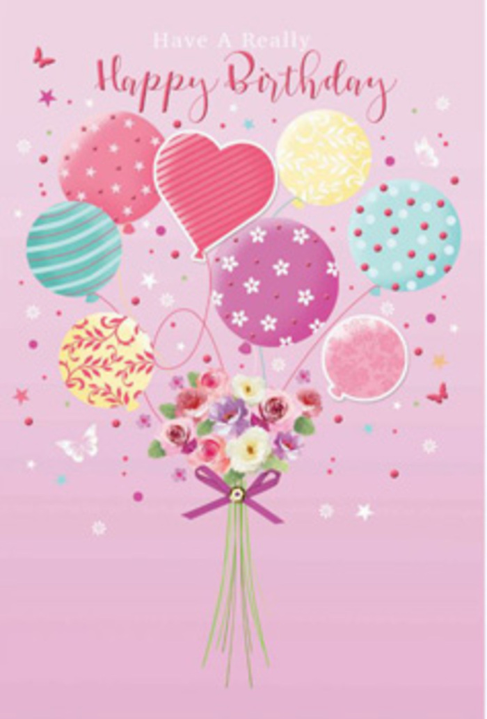 This illustrated birthday scene feels like a little pocket of joy floating above Ilford's everyday bustle, perhaps imagined from the window of a café along Ilford Hill. Against a soft pink backdrop, a bouquet of balloons and flowers rises as one, captured at that perfect moment when everything is weightless. The balloons form a loose cluster overhead, rounded forms overlapping like bubbles, each decorated with its own playful personality-striped ribbons that spiral upward, confetti-like dots that bounce across the surface, and gentle curves of pastel colour that fade from buttery yellow into melon and rose. Their hues-powder pink, sea-green, lemon, and lavender-mingle softly, casting a calm, optimistic mood. Below, a petite hand-tied bouquet appears freshly assembled, as if lifted directly from a display at Ilford Flowers. Delicate roses and daisy-like blooms mix together, their petals velvety and full, shaded from cream at the tips to warmer blush tones at the heart, as though caught in early morning light near Valentines Park. A sleek, sparkling purple satin bow secures the stems, its loops full and rounded, reflecting the gentle light with a subtle shine. Floating nearby are tiny butterflies and starlike accents, suggesting movement and that fleeting feeling when a birthday surprise is first revealed. The lighting across the composition is soft and even, illuminating the glossy balloons and giving each petal a gentle glow. The whole design radiates affection and celebration, like a thoughtfully chosen birthday bouquet ordered for same-day delivery in Ilford, crafted to make the recipient feel cherished from the first glance to the last.
