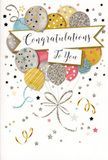 In this image, a beautifully designed congratulations card stands as the visual equivalent of a deep, contented breath taken after good news travels through Ilford's neighbourhoods. At its heart is a cheerful arrangement of illustrated balloons, clustered together in a loose bouquet that lifts toward the top of the card. The balloons are softly rounded and finished in harmonious shades of gleaming gold, muted silver, champagne cream, misty blue, rose pink, and dove grey. Each one carries its own personality: some decorated with tiny shining stars, others with subtle stripes or delicate glitter effects that catch a hint of imaginary light. From the base of the cluster, fine metallic ribbons in gold and silver trail downward, curling and looping with an elegant ease reminiscent of the finishing touches on a hand-tied bouquet prepared for a celebration near Seven Kings. Scattered across the background are small, twinkling stars, dots of confetti, and sweeping ribbon motifs that dance lightly around the main design, making the whole card feel animated even in stillness. A central banner, gently curved across the balloons, bears the message Congratulations To You in refined, flowing calligraphy, the script soft yet confident, as though spoken with genuine pride. The background remains pale and calm, allowing the metallic accents to stand out without overwhelming the eye. You can almost sense the smooth touch of glossy card stock and the faintly raised texture where the glitter and foil sit. This is an image of joyful recognition, perfectly suited to accompany fresh congratulatory flowers delivered around Ilford-from exam triumphs and new jobs to personal milestones quietly celebrated at home.