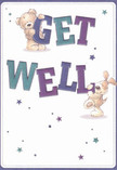 Radiating cheerful optimism and warmth, this illustrated get well card features two utterly endearing friends-a snuggly teddy bear and a spirited puppy-each cradling and balancing oversized, colourful letters spelling 'Get Well.' Their playful energy is contagious, with the bear nuzzling the top of the message while the puppy encourages from below, creating a scene reminiscent of laughter shared on Ilford's bustling High Road. Rich shades of indigo and teal highlight the bold lettering, popping vividly against the creamy white background-a colour palette echoing the harmonious blends often seen in Ilford Flowers' arrangements. Scattered throughout are whimsical stars in sapphire and lavender, casting a hopeful and magical light across the composition, reminiscent of twinkling city lights after dusk by Valentines Park. The illustrated fur on the little bear and puppy looks so plush and inviting, one can almost feel its softness-much like the velvety petals of a well-chosen bloom sent to lift a friend's spirits during recovery. This card doesn't simply send a greeting; it offers a heartfelt embrace, delivering both visual comfort and genuine kindness, perfectly capturing the restorative spirit of Ilford.