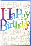 This birthday card design captures the feeling of a lively celebration, the sort you might pair with a bright arrangement sent to a home near Valentines Park or a cosy flat off Ilford Lane. The words Happy Birthday stretch boldly across the centre in huge, softly rounded letters, each one drenched in a different part of the colour spectrum: a rich cherry red melts into warm orange and golden yellow, then flows into emerald green, aqua, and deep royal blue, forming a smooth rainbow that feels alive with movement. The gradient gives each letter a slightly three-dimensional look, as though they've been airbrushed or painted with a fine mist of colour on a silky, glossy surface. Behind this main greeting, the entire background is filled with repeating lines of the phrase Happy Birthday to you in a flowing, cursive script printed in shimmering gold. These delicate lines weave across the card in organised rows, soft and slightly blurred at the edges, catching the light with a gentle sparkle-the effect is reminiscent of fairy lights flickering in an Ilford garden on a summer evening. Tiny stars and specks of colour drift around the central message like scattered confetti, adding a playful touch without crowding the design. The card feels both modern and timeless, with its clean layout and careful balance of bold colour and subtle metallic detail. It evokes the sound of friends singing, the rustle of wrapping paper, and the scent of birthday flowers delivered fresh from a local florist, making it an ideal companion to a thoughtful gift for anyone celebrating their special day in Ilford or the surrounding streets.