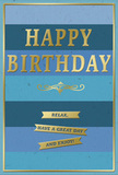 A beautifully composed birthday card stands against a neutral backdrop, its design radiating quiet charm with a harmonious mix of blues and golds reminiscent of the soft evening sky over Ilford's rooftops. The entire face of the card is patterned with generous horizontal stripes, each band a distinct yet related blue-ranging from deep navy and denim shades through ocean and teal tones, finally melting into pale sky blue. These cool layers create a peaceful, almost musical rhythm across the card. Centred within this layered background, the greeting HAPPY BIRTHDAY is embossed in stately gold foil, the letters crisp, evenly spaced, and slightly raised so they would be pleasing to trace with a fingertip. Just beneath the main message, a decorative golden flourish sweeps gracefully from left to right, bridging the space between text and the sentiment below. Under this flourish, three narrow gold banners are arranged in a vertical column, each ribbon carrying part of a kind, easygoing wish: Relax, have a great day and enjoy! A slim gold line edges the entire card, giving it the look of a framed picture and reinforcing its sense of thoughtful design. The finish of the card appears largely matte, allowing the foil details to stand out with a gentle shimmer when the light strikes. One can picture this card set beside a fresh arrangement from Ilford Flowers on a dining table or windowsill, the tranquil colours offering a moment of calm celebration amidst the lively streets and cafés around Ilford High Road.